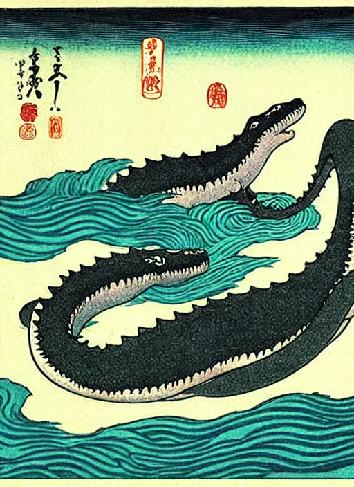 Image similar to the loch ness monster, plesiosaur, as a yokai illustrated by kawanabe kyosai and toriyama sekien