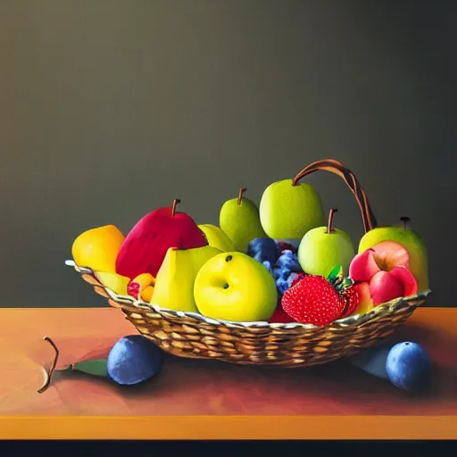 Prompt: a fruit basket on top of a kitchen table, surrealistic