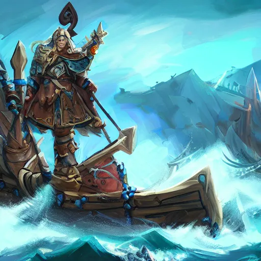 Image similar to arcane style viking battleship, viking cannons, viking spears and axes. spear and axes, blue sea waves background, bright art masterpiece artstation. 8 k, sharp high quality artwork, concept art by tooth wu, blizzard warcraft artwork, hearthstone card artwork