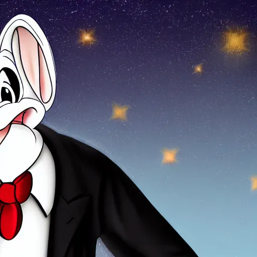 Prompt: Bugs bunny portrait in suit and tie, stars in the background, 8k, high quality, polished