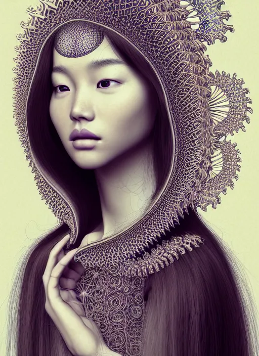 Prompt: ridiculously beautiful young asian woman with long hair by irakli nadar, several layers of intricate sacred geometry, orgasm, cosmic, natural, awakening, symmetrical, in the style of ernst haeckel and alex grey, doily, warm, photo realistic, epic and cinematic