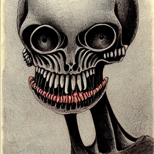Prompt: humanoid with crooked teeth, two black eyes, long open black mouth, alien looking, big forehead, horrifying, killer, creepy, dead, looking straight forward, realistic, slightly red, long neck, boney, monster, tall, skinny, skullish, deathly, in the style of alfred kubin