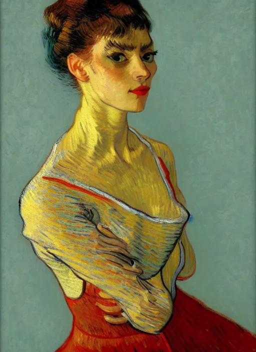 Prompt: !! portrait of a beautiful parisian dancer!!, detailed face, symmetrical painting, beautiful expressionist oil painting masterpiece, 8 k resolution, by van gogh, smooth, sharp focus, pastel color palette, trending on artstation