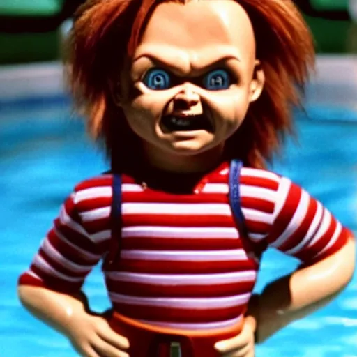 Image similar to chucky as a cool pool champ, movie still