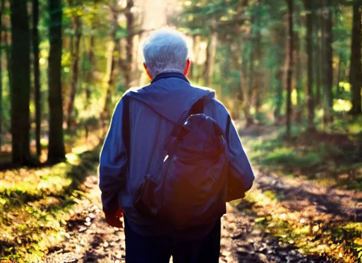 Image similar to a 3 5 mm photo from the back of a senior citizen walking in the woods, splash art, movie still, bokeh, canon 5 0 mm, cinematic lighting, dramatic, film, photography, golden hour, depth of field, award - winning, anamorphic lens flare, 8 k, hyper detailed, 3 5 mm film grain