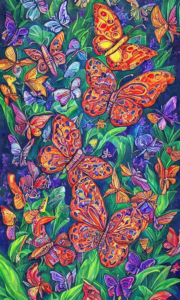 Prompt: a beautiful painting of butterflies in the style of Robert Williams