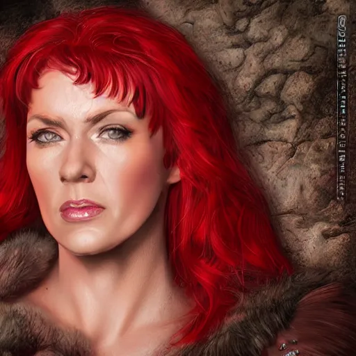 Image similar to hyper realistic photo of red sonja portrait, cinematic