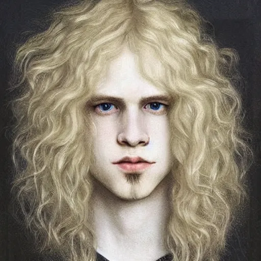 Prompt: a beautiful hyper real portrait of pretty pale androgynous young man Lucius with long fluffy curly platinum gold blond hair, symmetrical Center parted curtain bangs, art by rembrandt