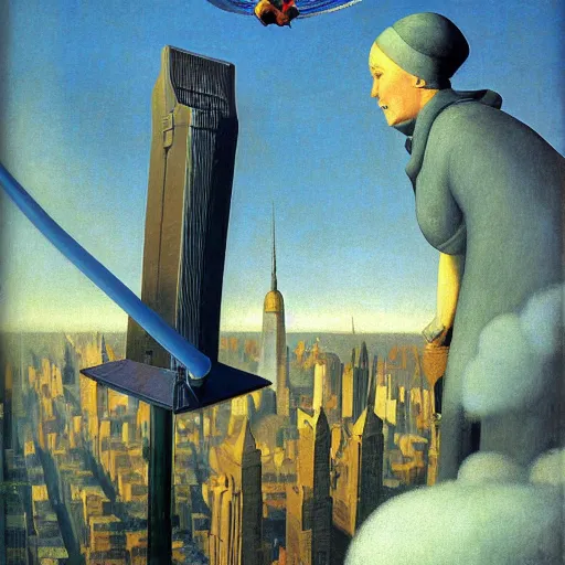 Prompt: super granny flies above new york city with her vacuum cleaner orwellian themes konstantin vasilyev grant wood jan van eyck john steuart curry