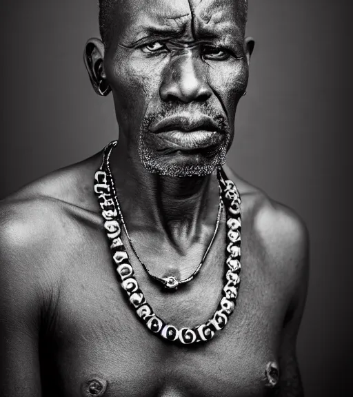 Prompt: portrait of an african head hunter, 4 0 yo with a necklace of skulls, angry look, small tattoos, dark background, studio light, hdr, nikon 3 5 mm f / 1. 8 g, by sebastiao salgado