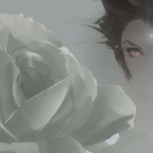 Image similar to a close up illustration of a white rose, dramatic lighting, illustration by Greg rutkowski, yoji shinkawa, 4k, digital art, concept art, trending on artstation