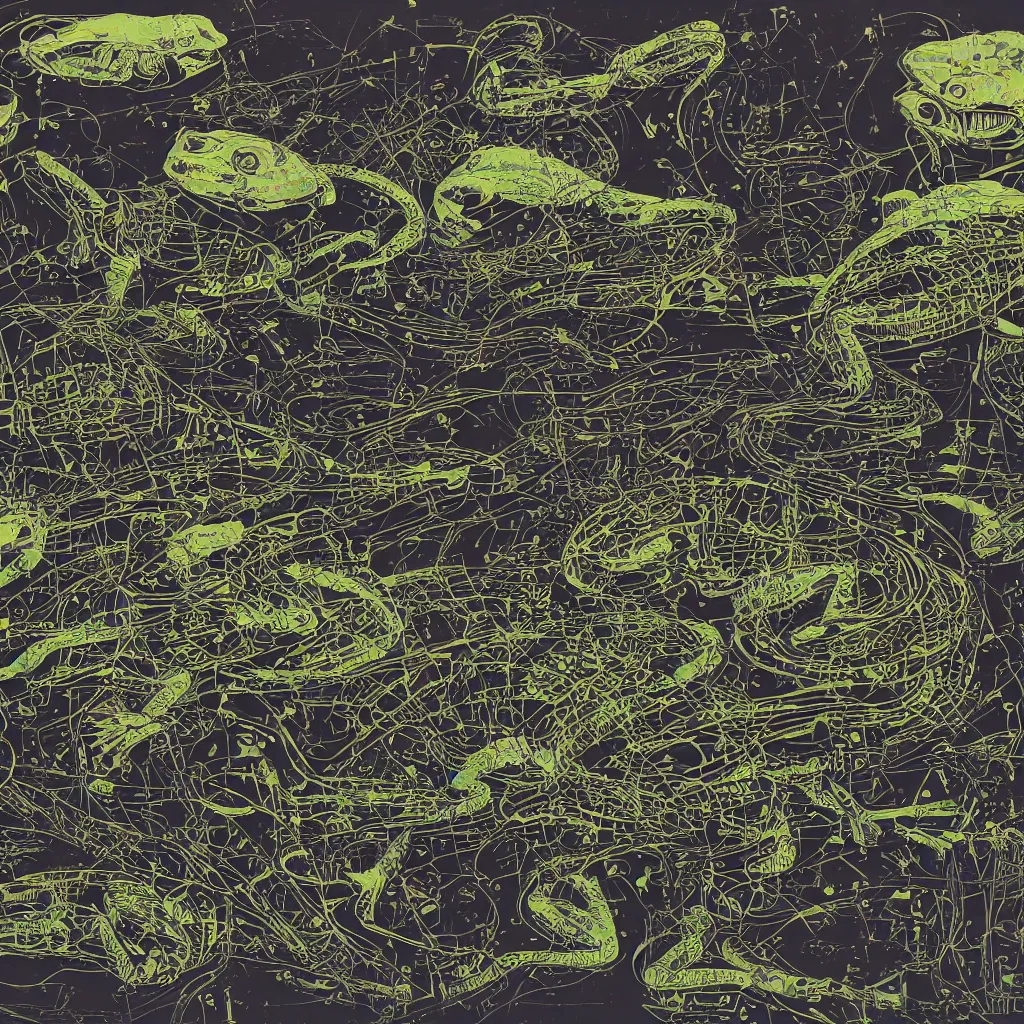 Image similar to toads, big toad, mechanical, technical, abstract, acrylic, oil, circuit board, computers, vektroid album cover, vectors, drips, dimensions, tears, leaks, glitches, frogs, amphibians, geometry, data, datamosh, motherboard, minimal, code, cybernetic, painting, dark, eerie, cyber