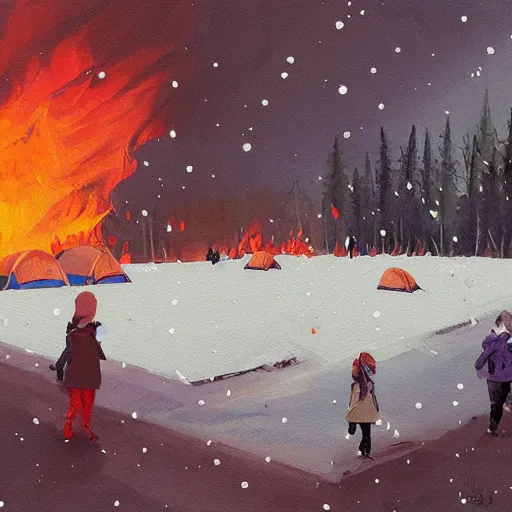 Image similar to a camp with tents on fire, burning down, shadows of 3 girls watching the camp burn, snow, painted by Sylvain Sarrailh