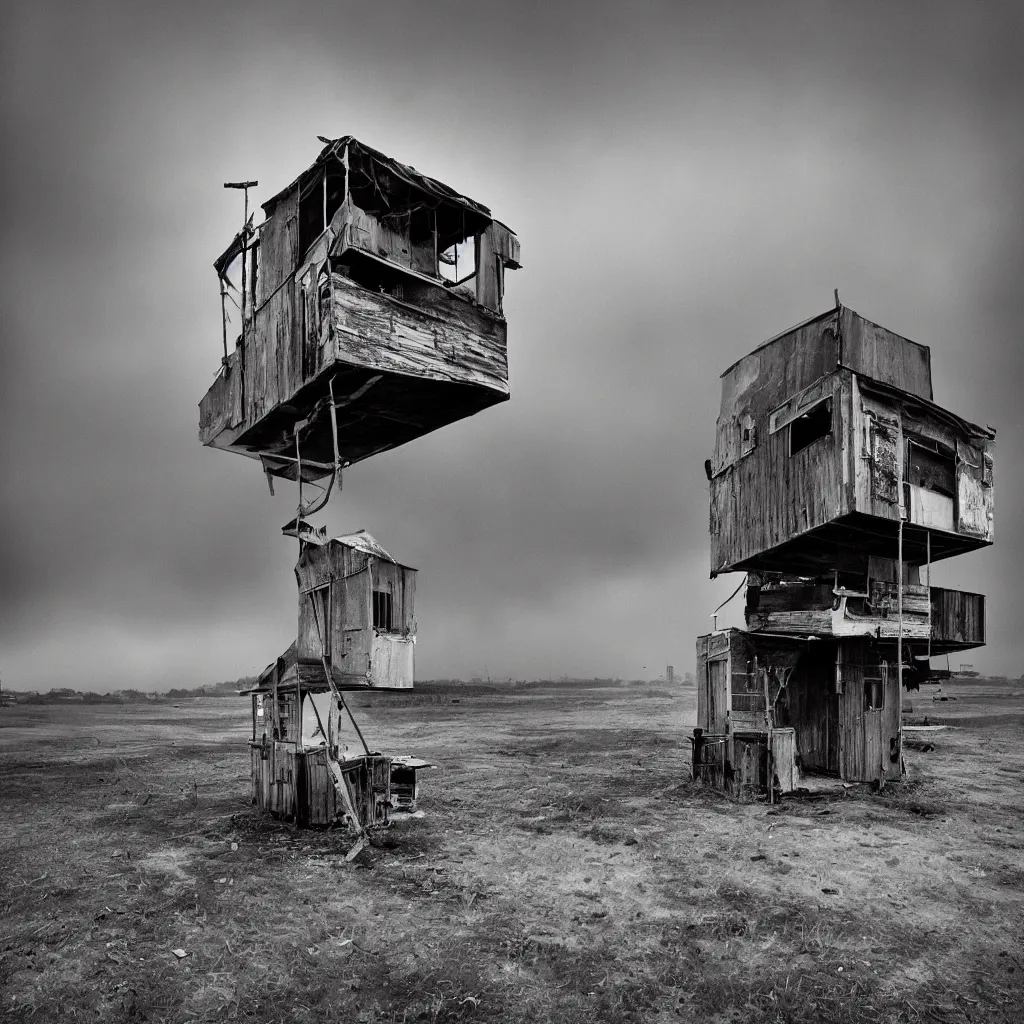 Image similar to high towers, made up of colourful makeshift squatter shacks, bleached, misty, moody sky at the back, dystopia, mamiya, f 1 1, fully frontal view, very detailed, ultra sharp, photographed by trent parke