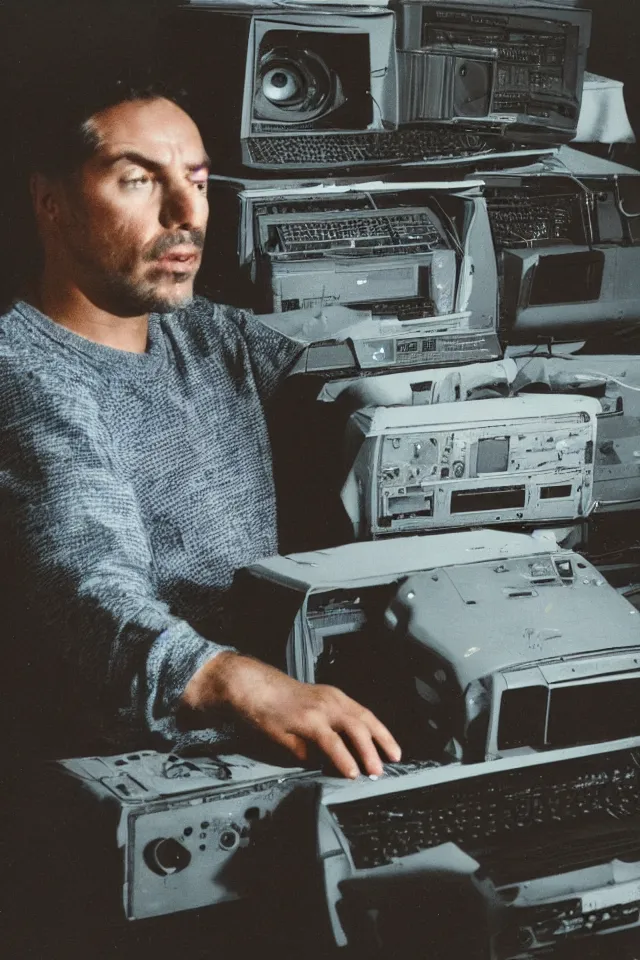 Prompt: a high resolution photo of a sad man watching the end of the world on a vintage computer,, earthquake, debris