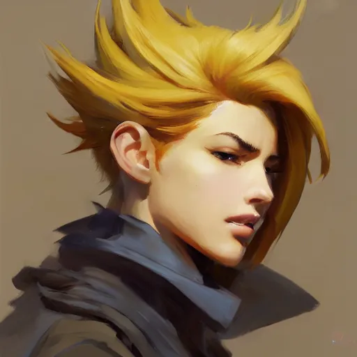 Image similar to greg manchess portrait of customer service cloud strife, medium shot, asymmetrical, profile picture, organic painting, sunny day, matte painting, bold shapes, hard edges, street art, trending on artstation, by huang guangjian and gil elvgren and sachin teng