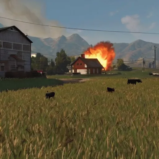 Image similar to a small vintage farm on fire in a field in the style of GTA V, gameplay footage