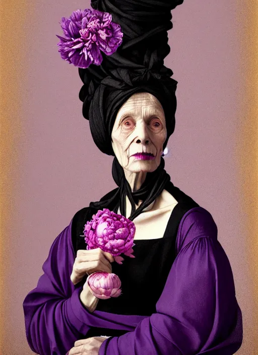 Image similar to portrait of a old year woman with a headscarf a dress of bones and many peonies snake smoke, purple colour scheme, full length, masterpiece, dark background, art by caravaggio, artstation