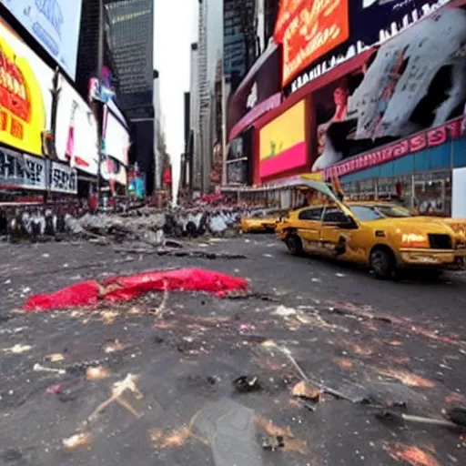 Image similar to news footage of the great hamburger meteor crash site in Times Square, high resolution photo
