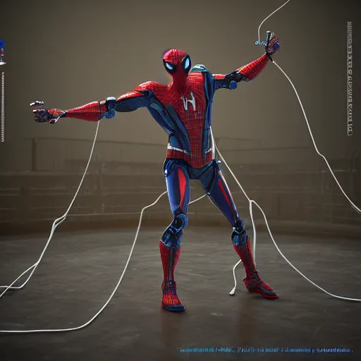 Image similar to 3 d model, robot spider - man by pantokrator rendered in unreal engine, orthodox cyberpunk, mech body, wires from the matrix movie, sci - fi