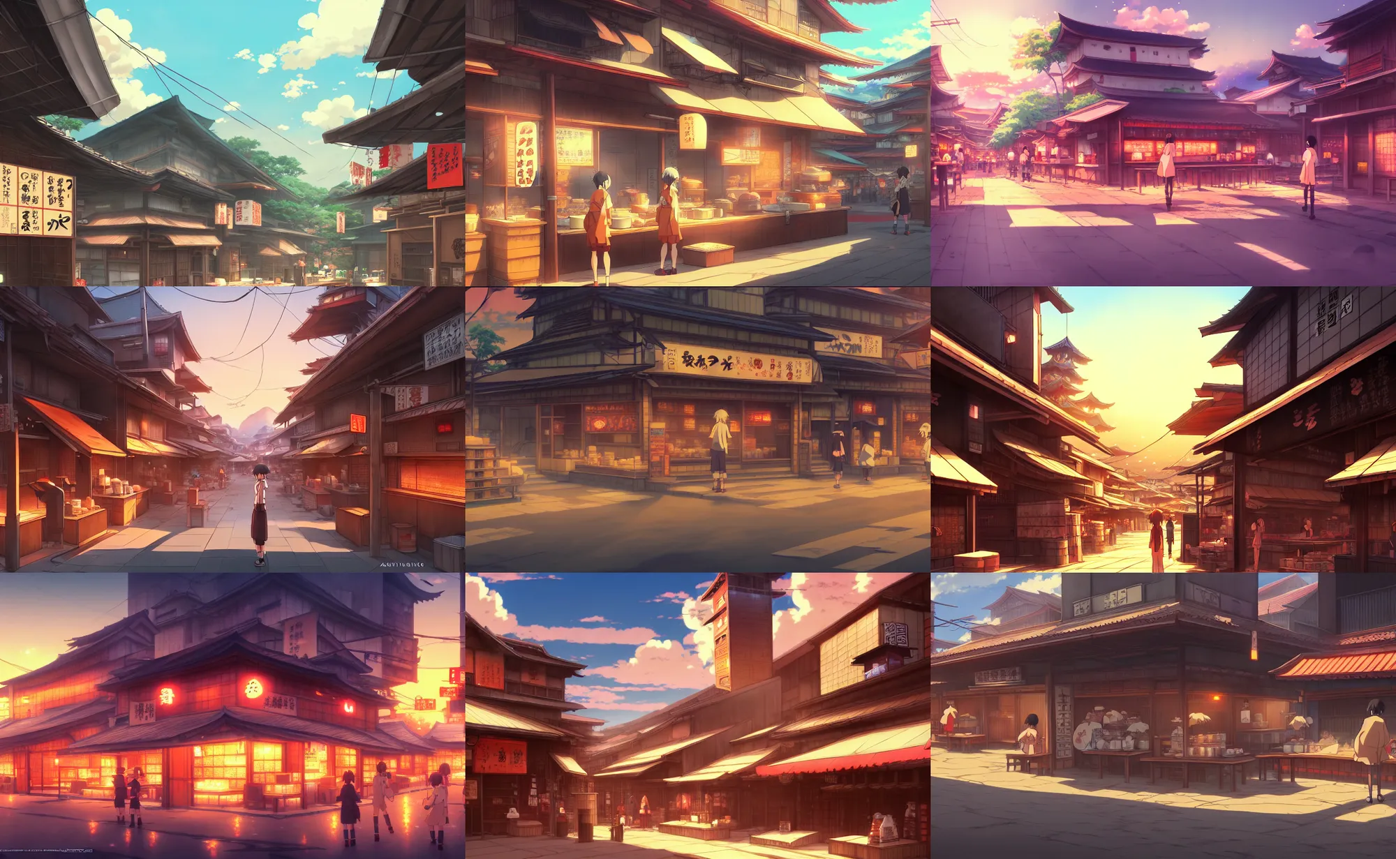 Prompt: an anime movie background matte painting of a ramen shop in a kitsune town | | by makoto shinkai, trending on artstation, highly detailed