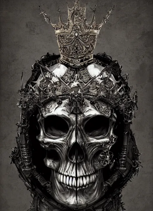 Image similar to portrait of king arthur skull faced knight cyborg with a crown with engravings, studio portrait against a black background, modern fine art, fractal, intricate, elegant, highly detailed, digital photography, subsurface scattering, in the style of ghost, by jheronimus bosch and yue minjun and giger and greg rutkowski,