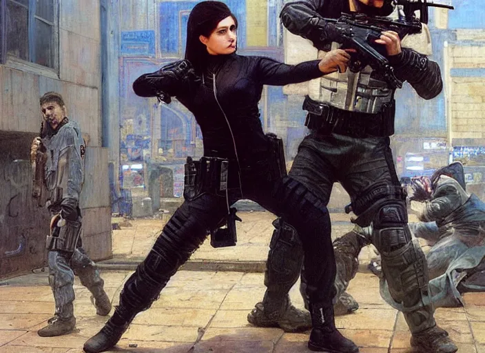 Image similar to Maria evades sgt Griggs. Cyberpunk ninja escaping Menacing Cyberpunk police trooper griggs. (dystopian, police state, Cyberpunk 2077, bladerunner 2049). Iranian orientalist portrait by john william waterhouse and Edwin Longsden Long and Theodore Ralli and Nasreddine Dinet, oil on canvas. Cinematic, vivid colors, hyper realism, realistic proportions, dramatic lighting, high detail 4k