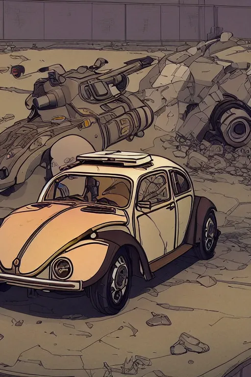 Image similar to Type 1 Beetle car designed by Aplle that looks like it is from Borderlands and by Feng Zhu and Loish and Laurie Greasley, Victo Ngai, Andreas Rocha, John Harris