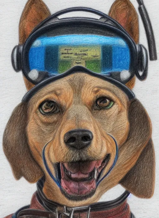 Image similar to detailed colored pencil drawing of an anthropomorphic dog pilot