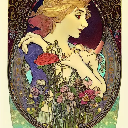 Prompt: Alice in Wonderland,Diamonds Blaze,Rose twining,out of time and space,dreamy, eternity, romantic,highly detailed,in the style of Alphonse Maria Mucha, night lighting