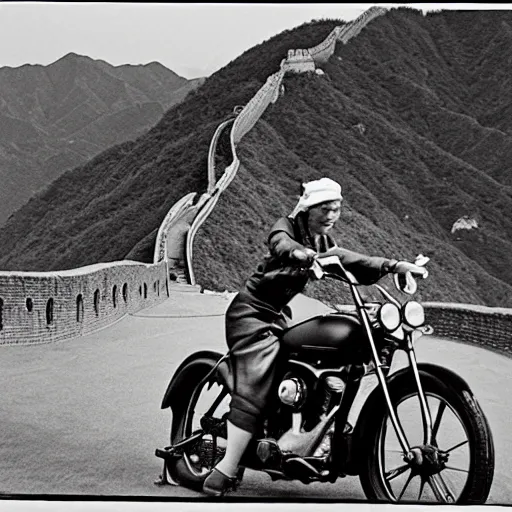 Prompt: a historical black and white photograph of a heroic beautiful woman on a Harley Davidson motorbike riding over the Great Wall of China