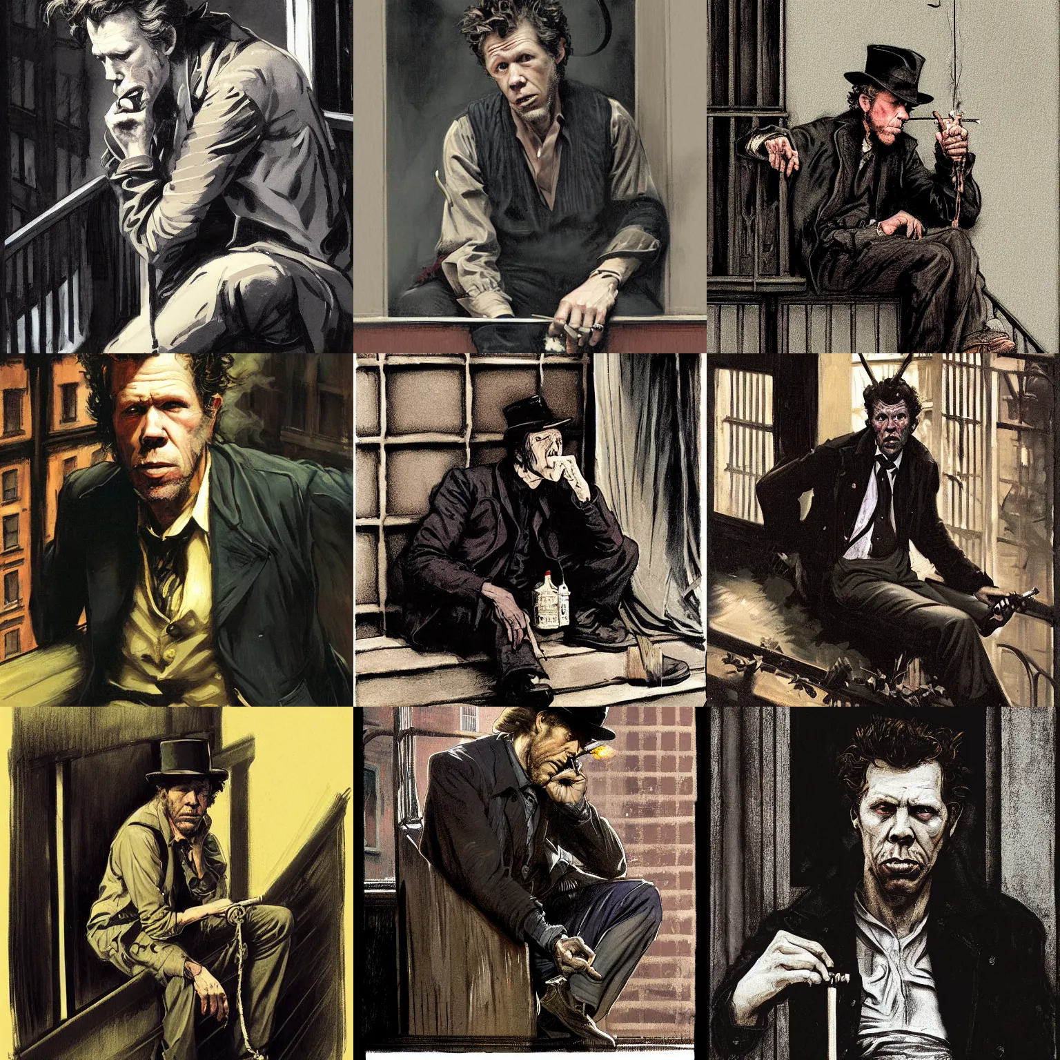 Prompt: character portrait of a rugged tom waits sitting down on a fire escape smoking a cigarette in gothic london, gothic, john singer sargent, muted colors, moody colors, illustration, digital illustration, amazing values, art by j. c. leyendecker, joseph christian leyendecker, william - adolphe bouguerea, graphic style, dramatic lighting, gothic lighting