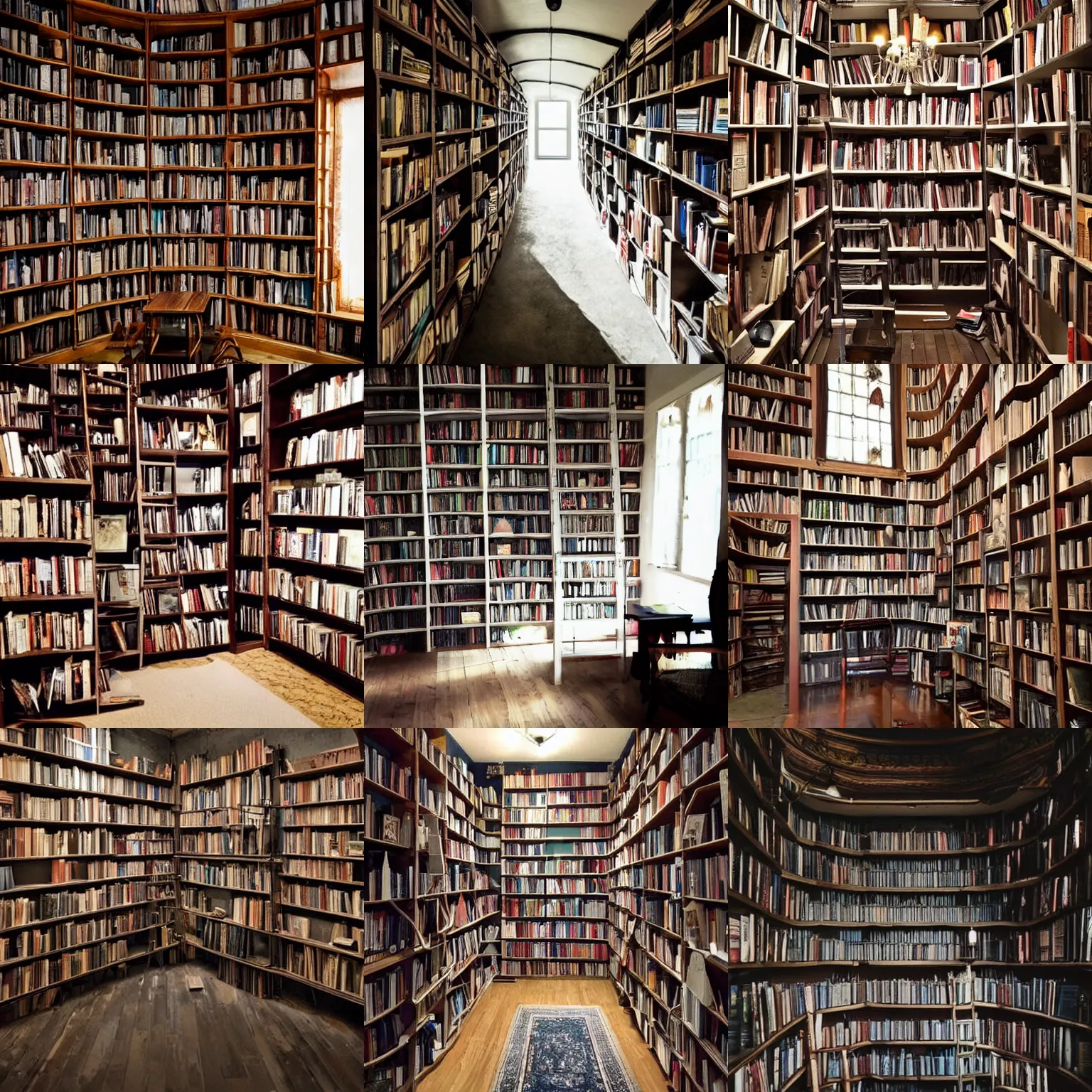 Prompt: room with many shelves filled with books, creepy, gloom, dark, oppressive, shadows, candles