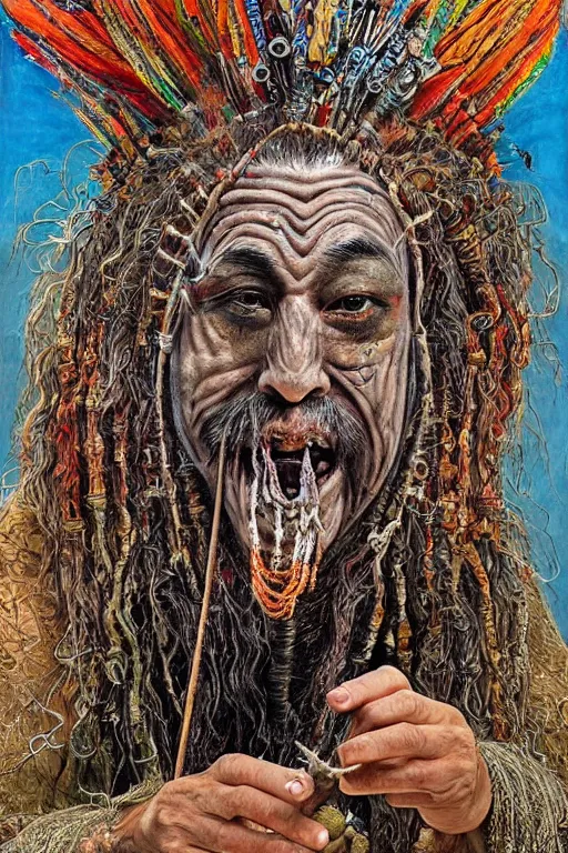 Prompt: a high hyper - detailed painting with complex textures, of an oriental shaman with tangled hair and a terrifying mask, wears a tunic vs. barefoot and has a cane, he is performing a ritual to access the world of imagination and dreams, cosmic horror spiritual visionsrio psicodelico weird bizarre art