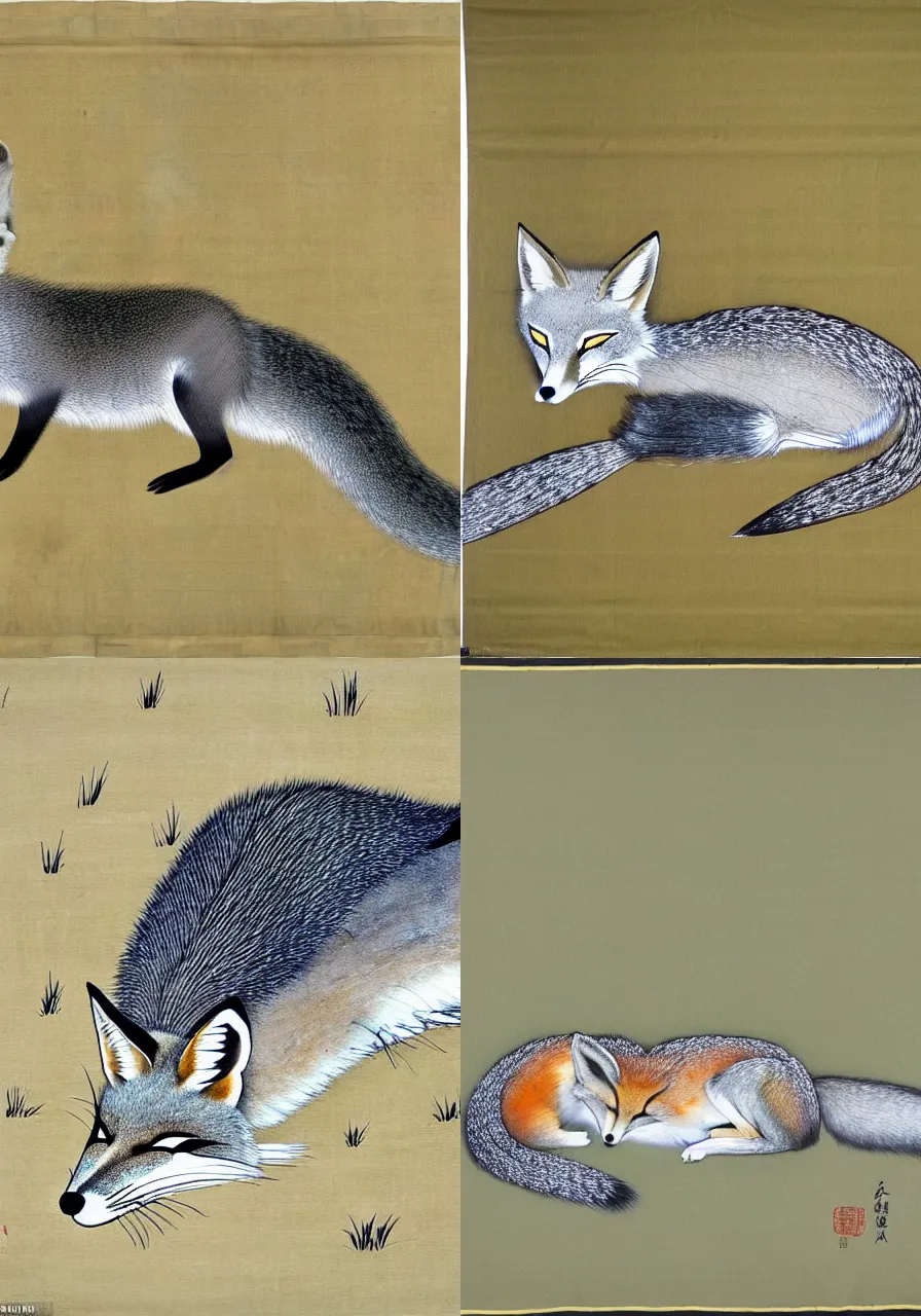 Prompt: full body shot up of large grey fox sleeping in field, by Shen Quan, hanging scroll on wall, ink and colour on silk, muted colours