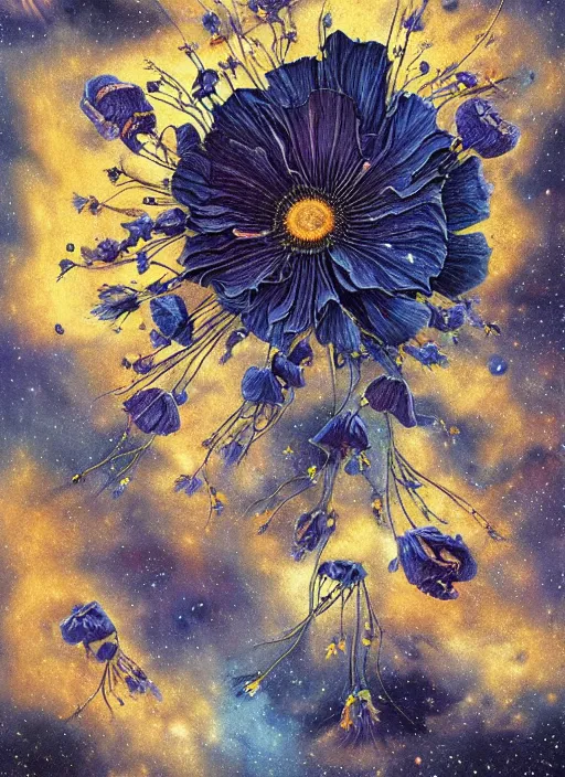 Image similar to detailed, intricate blue black and purple papaverum flower on the field, nebula, galaxy in the sky, winning award masterpiece, fantastically beautiful, illustration, aestheticly inspired, jacek yerka, upscale with anguissola sofonisba work, artstation, 8 k