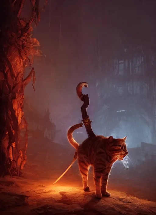 Image similar to a humanoid cat with a sword in elden ring, Atmospheric beautiful by Eddie mendoza and Craig Mullins. volumetric lights volumetric lights, 8k, hd