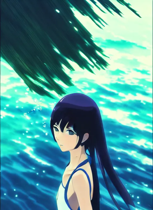 Image similar to makoto shinkai, ilya kuvshinov, beautiful anime women with green dress, long blue hair, water powers water swirling, symmetrical face, symmetrical eyes, detailed, beach setting, cinematic lighting