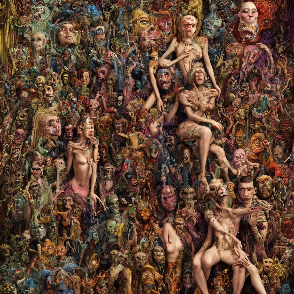 Image similar to 35mm color, humans enslaved by artificial intelligence, portrait, fashion shoot, freak show, weird, random, strange, hyperdetailed, photorealistic, interesting, by David la chapelle and karol bak and david cronenberg and WETA digital, art by Ivan Bilibin, Dariusz Zawadzki , ID magazine, octane rendering, cinematic, hyperrealism, octane rendering, 8k, depth of field, bokeh.