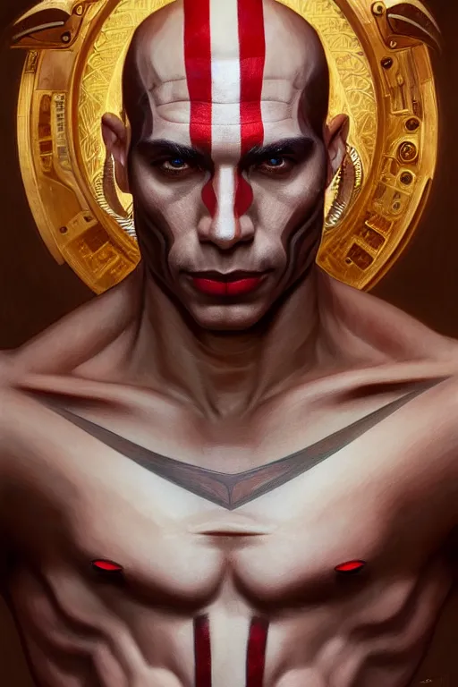 Image similar to symmetry!! portrait of zahn mcclarnon in the style of god of war, machine parts embedded into face, intricate, elegant, highly detailed, digital painting, artstation, concept art, smooth, sharp focus, illustration, art by artgerm and greg rutkowski and alphonse mucha, 8 k