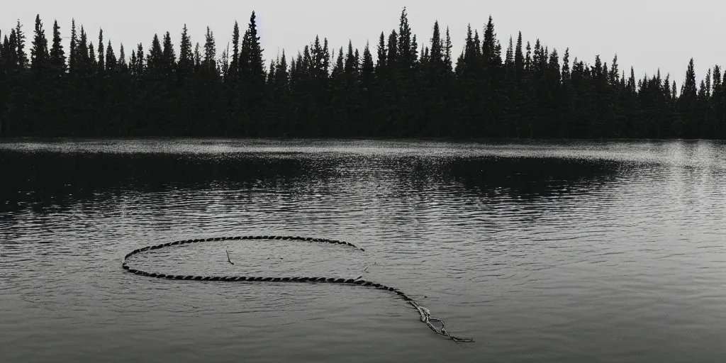 Image similar to centered photograph of a infintely long rope zig zagging across the surface of the water into the distance, floating submerged rope stretching out towards the center of the lake, a dark lake on a cloudy day, color film, trees in the background, hyper - detailed photo, anamorphic lens