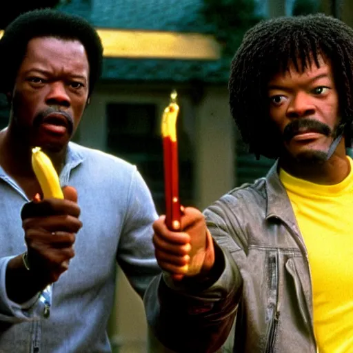 Prompt: samuel lee jackson as jules winnfield pointing a banana as a weapon, pulp fiction, 8 k