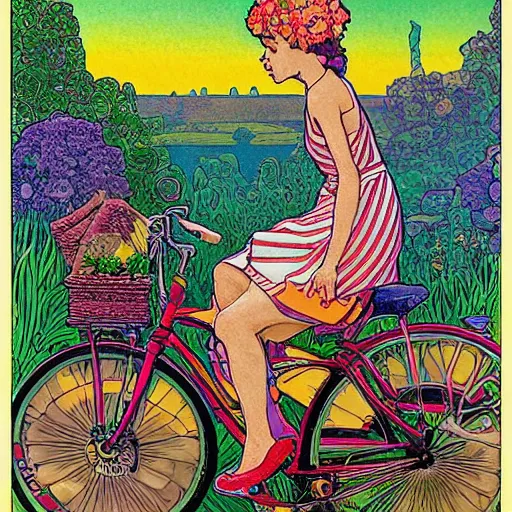 Image similar to hoffman bicycle trip, blotter art, in the style of robert crumb and lisa frank, studio ghibli, mucha, art nuevo, art deco, beautiful nature, serenity, cartoon