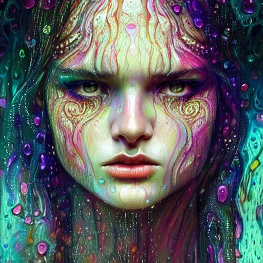 Prompt: face of girl in psychedelic LSD rain with wet hair and face, fantasy, intricate, elegant, dramatic lighting, intense emotion, highly detailed, lifelike, photorealistic, digital painting, artstation, concept art, smooth, sharp focus, illustration, art by John Collier and Albert Aublet and Krenz Cushart and Artem Demura and Alphonse Mucha