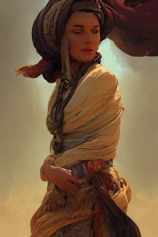 Prompt: A full portrait of an ancient Bedouin traveling spice merchant intricate, elegant, highly detailed, digital painting, artstation, concept art, smooth, sharp focus, illustration, art by Krenz Cushart and Artem Demura and alphonse mucha