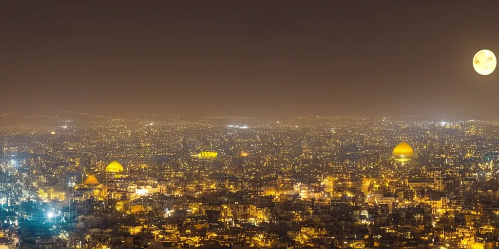 Image similar to a dragon flying in tehran skyline in a winter night, full moon in the sky