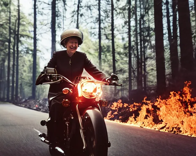 Prompt: close up photo of queen elizabeth riding a motorcycle through a forest fire, action photo, dramatic, motion blur, 8 5 mm f / 2. 8