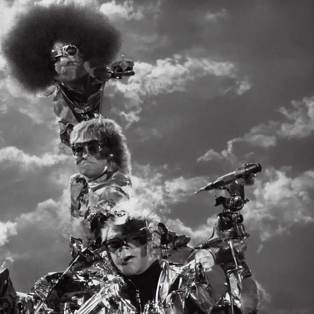 Image similar to elton john with a afro hair style riding a missile, cinematic framing, cinematic lighting, hdr, gritty, movie still, 4k, 70s psychedelic style