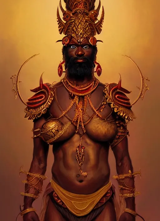 Image similar to angry orisha warrior god, bronze skin tone, bushy beard, glowing red eyes, volumetric lights, mauve and gold scheme, tribal and primitive, intricate, highly detailed, digital painting, artstation, concept art, smooth, sharp focus, illustration, kemetic symbolism, art by artgerm and greg rutkowski and alphonse mucha