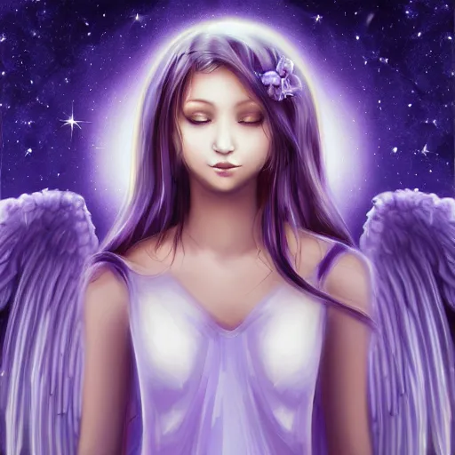 Prompt: an angel portrait, Pixiv style, stunning, hd, purple